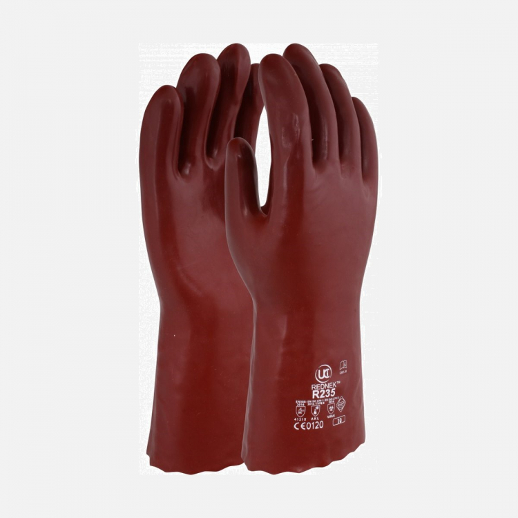 R235 - 14Inch (35cm) PVC Chemical Gauntlet Chemical Resistant Gloves - Red (XL)